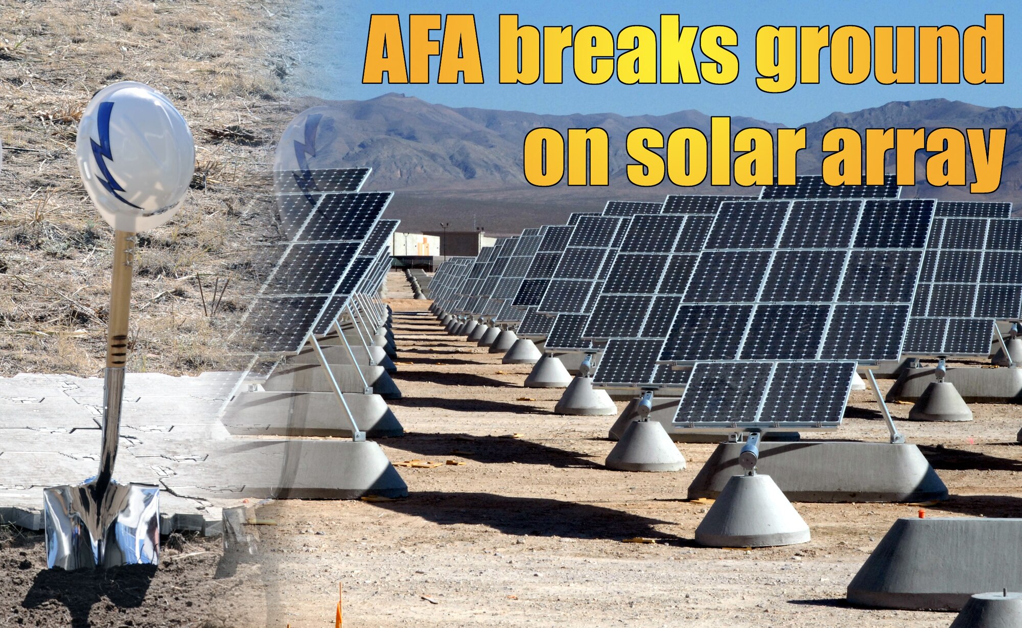 Officials with the Air Force Academy and Colorado Springs Utilities broke ground Nov. 1, 2010, on a solar array similar to the array at Nellis Air Force Base, Nev., shown here. Once complete, the Academy's $18-million array will provide approximately 6 megawatts of power to the base's electrical grid. (U.S. Air Force photo illustration; original photos/Johnny Wilson, left, and Airman Larry Reed)