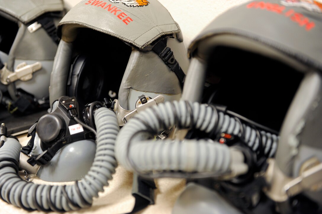 ELLSWORTH AIR FORCE BASE, S.D. - B-1B Lancer aircrew helmets await inspection, Oct. 27.  Airmen of the 28th Bomb Wing are preparing for a joint-service exercise that focuses on close air support operations and will test the skills of B-1 aircrews and maintainers.  The exercise is called “Green Flag East,” and will be hosted at Barksdale Air Force Base, Ala., Nov. 5 through 14. (U.S. Air Force photo/Staff Sgt. Marc I. Lane)
