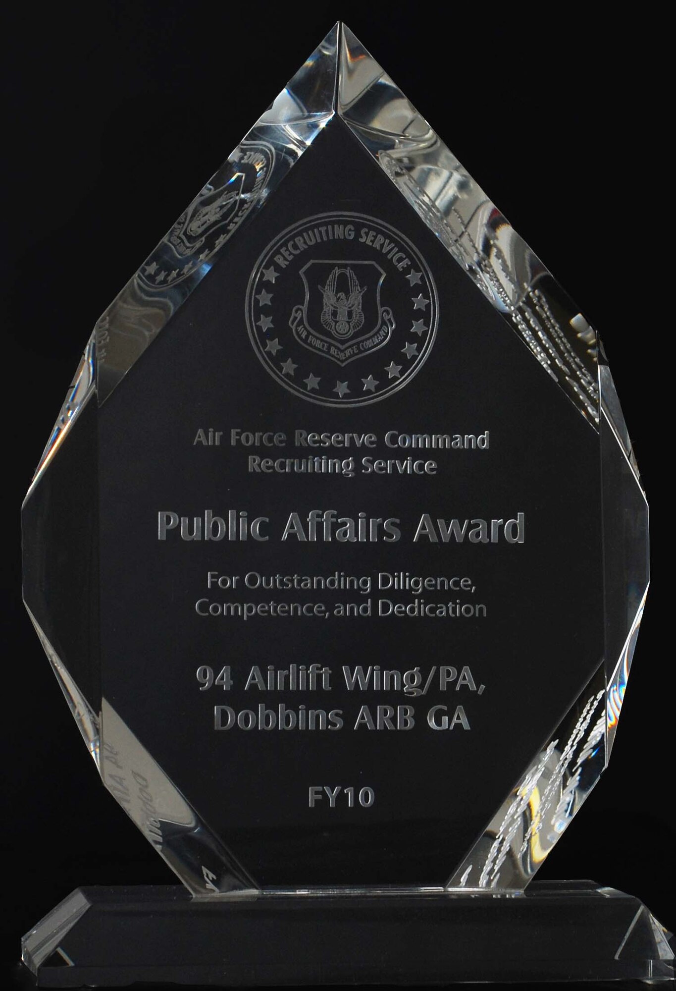 94th Public Affairs office was awarded the Air Force Reserve Command Recruiting Services Public Affairs Award FY10 for outstanding diligence, competence and dedication. The 94th PA assisted the Dobbins AFRC recruiters in several community outreach programs allowing Dobbins recruiters to reach 136 percent of their assigned goal. (US Air Force photo/Airman 1st Class Amber McCleland)