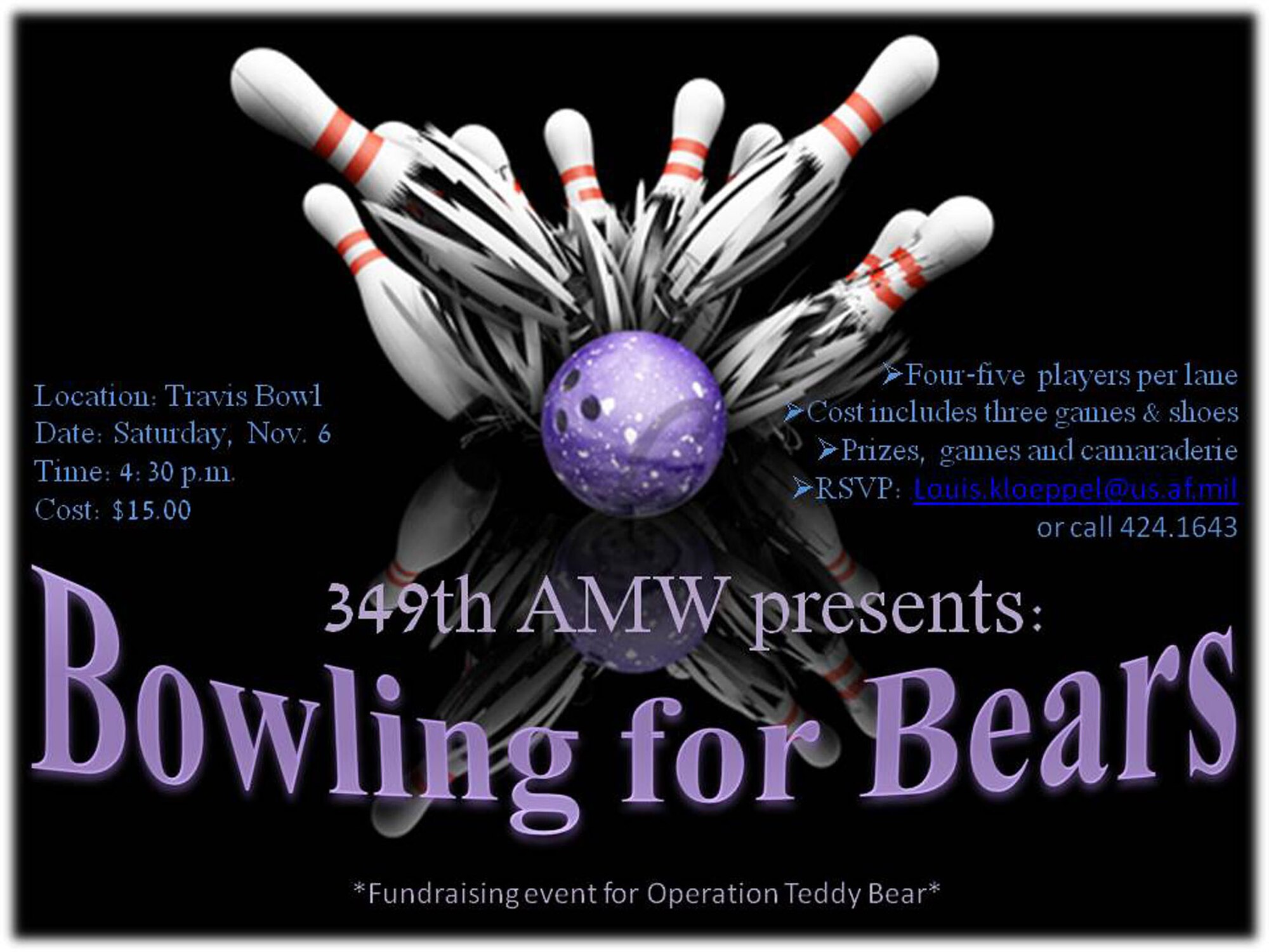 TRAVISI AIR FORCE BASE, Calif. - Operation Teddy Bear Fundraiser at Travis Bowl, November A-Flight. (U.S. Air Force graphic)