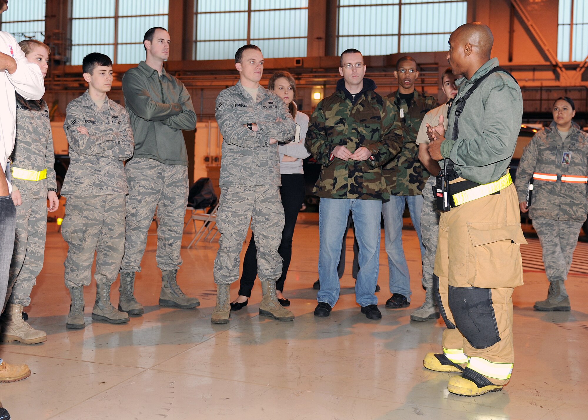 RAF MILDENHALL, England - Tech. Sgt. Corey Coleman, 100th Civil Engineer Squadron Fire Department assistant chief of training, briefs casualty volunteers before the kick-off of the Major Accident Response Exercise here, Nov. 2, 2010.  The MARE was preformed to prepare emergency response personnel for real world emergencies.  (U.S. Air Force photo/Senior Airman Tabitha M. Lee)  