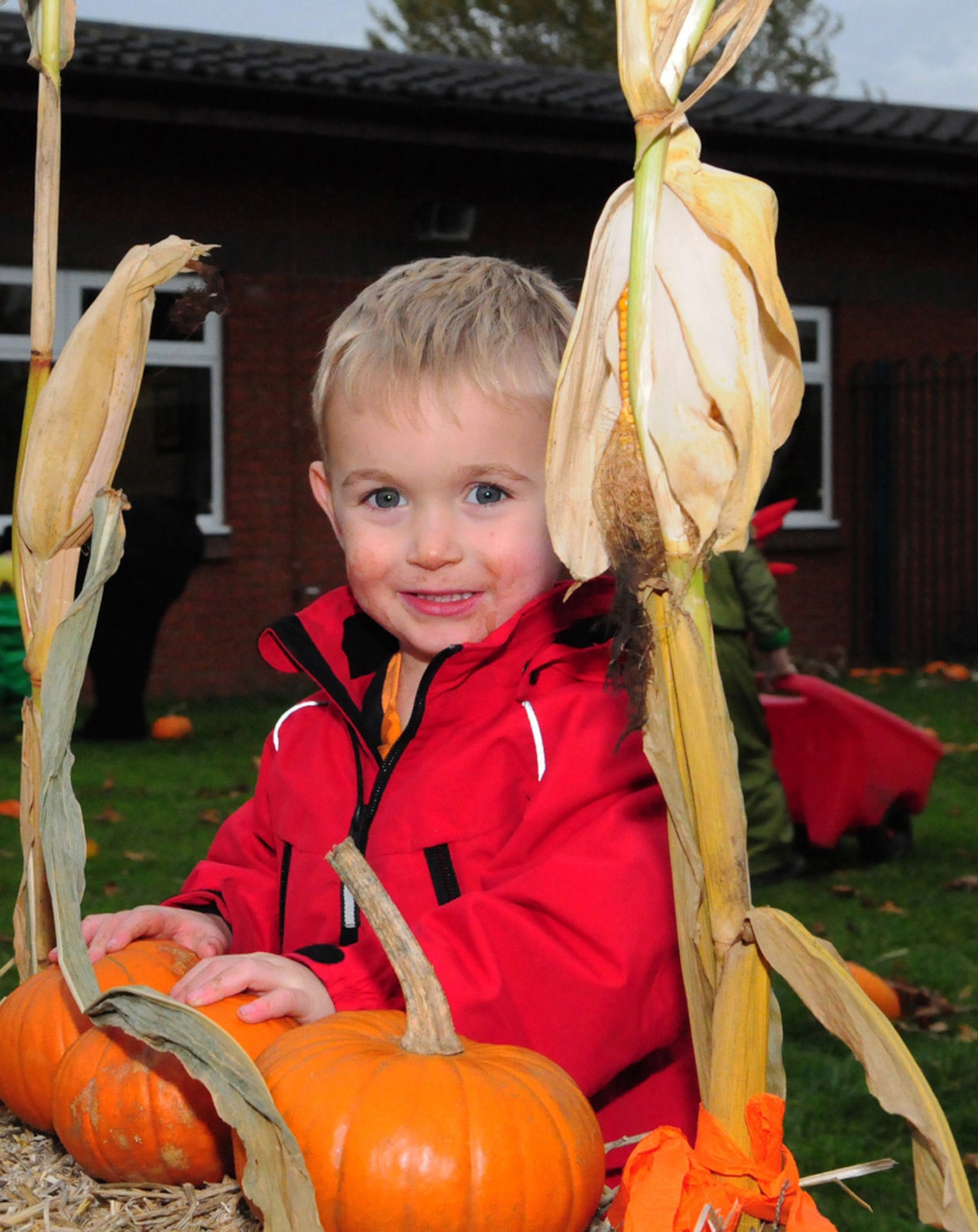 RAF MILDENHALL, England -- Hunter McGinnis, 2, plays in the mini pumpkin patch at the Fall Festival at the child development center Oct. 29, 2010. This was the first joint partnership event between the CDC and the parent advisory committee. The PAC provided pumpkins for each class to decorate, along with smaller pumpkins for two pumpkin patches. Every child was given a free pumpkin and treat bag, filled with goodies from both the PAC and the CDC. (U.S. Air Force photo/Karen Abeyasekere)