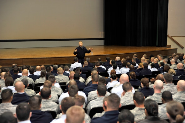 Chief Master Sgt. of the Air Force James A. Roy speaks to Airmen from Joint Base 
Andrews, MD., during an enlisted call at the base theater Nov. 1. Chief Roy 
discussed a number of issues facing the Air Force including joint readiness, 
deliberate development and building resiliency. (U.S. Air Force photo by Staff 
Sgt. Christopher A. Marasky)
