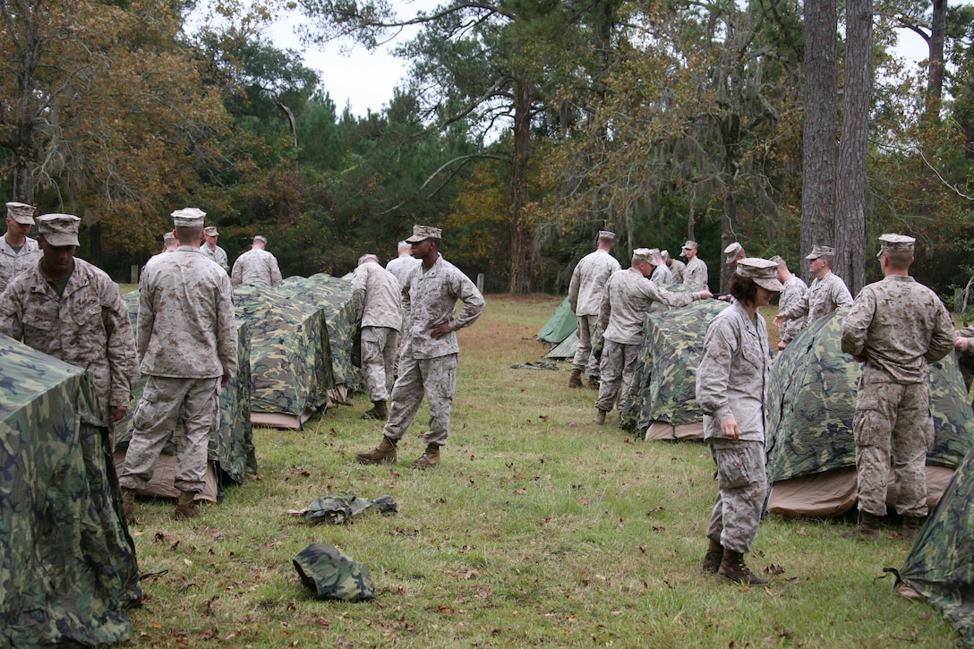 Students of Corporals Leadership Course set up their tents in preparation for their three-day field operations::r::::n::training exercise at Marine Corps Auxiliary Landing Field Bogue Nov. 3-5. The Marines were tested at the end of the three days on important concepts needed for deployment and leadership like patrolling and first aid.