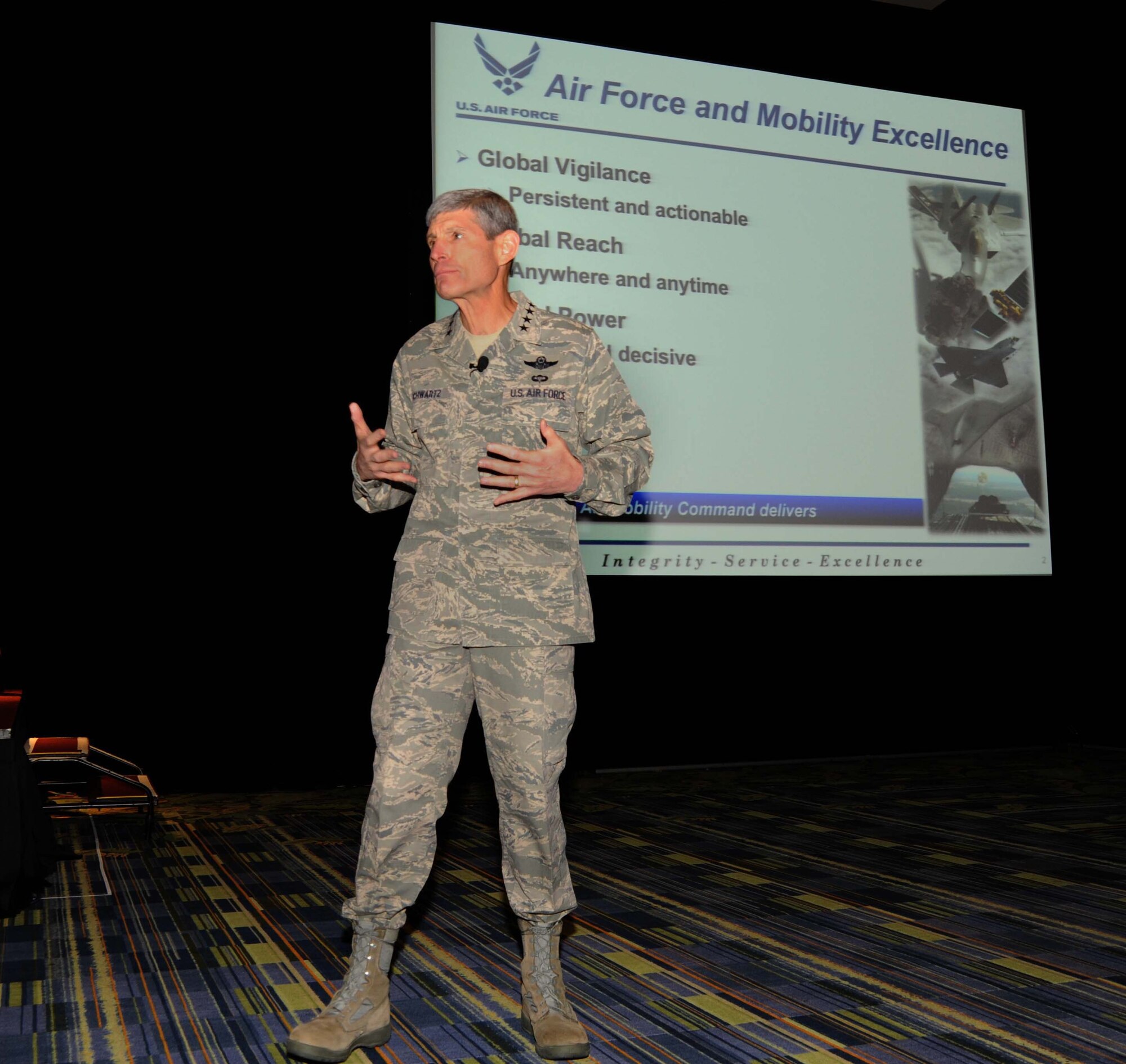 Air Force Chief of Staff Gen. Norton A. Schwartz addresses a crowd of more than 4,000 Air Mobility Command Airmen at the 42nd Annual Airlift/Tanker Association Conference Oct. 29, 2010, Orlando, Fla.  During his speech, General Schwartz stressed the importance of AMCs role in today’s fight, as well as the importance of Airmen’s families and maintaining Comprehensive Airmen Fitness.  (U.S. Air Force photo/Senior Airman Abigail Klein)