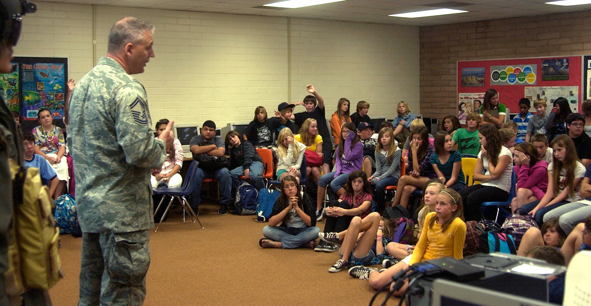DAVIS-MONTHAN AIR FORCE BASE, Ariz. - Alaska native and survival tactics Reservist, Senior Master Sergeant Ginther, 943rd Rescue Group here, spends an afternoon teaching local middle school students survival techniques (U.S. Air Force photo/Tech. Sgt. Candice Agee-Reed).  