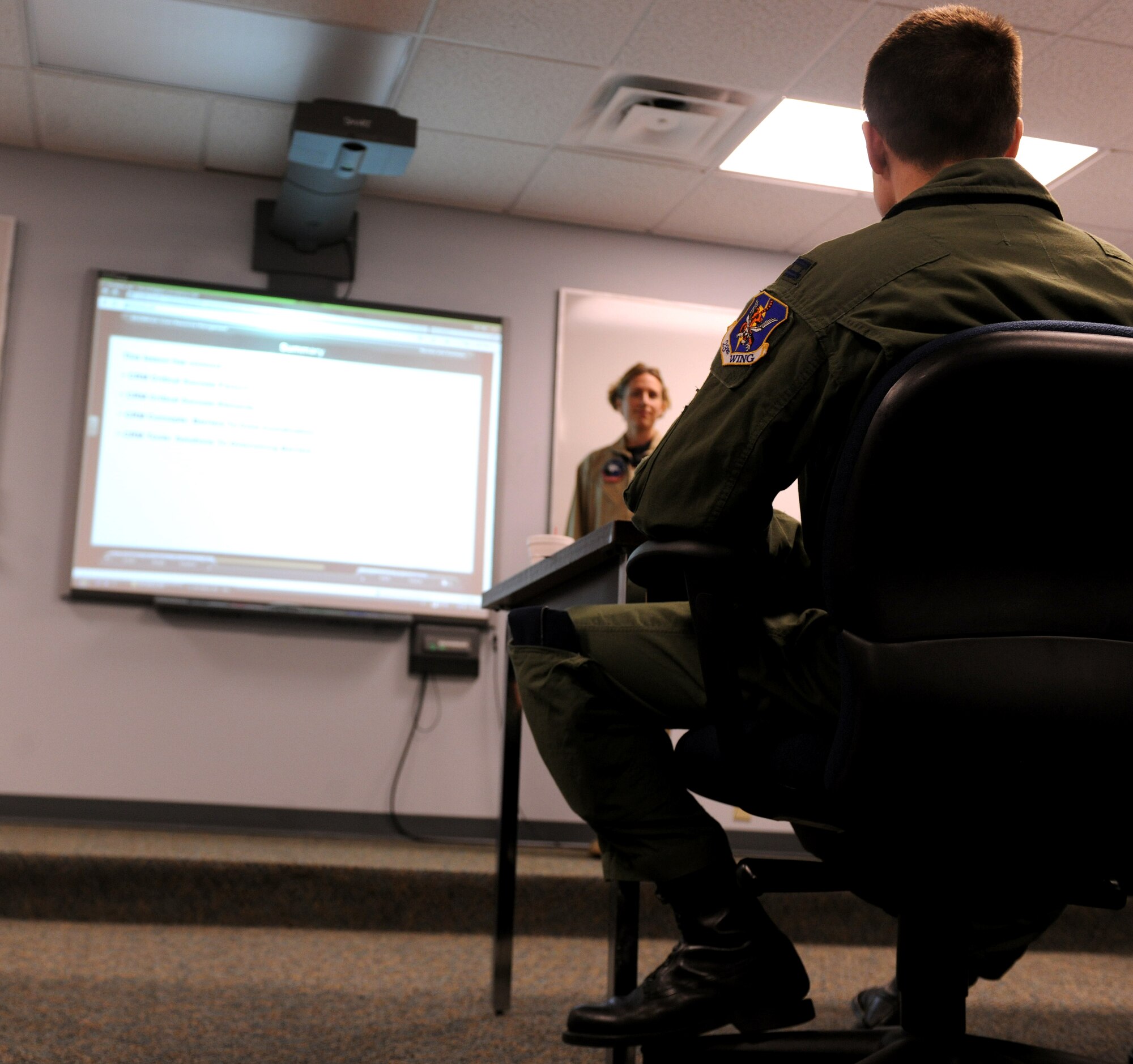 MOODY AIR FORCE BASE, Ga. -- Training for the C-130 simulator is broken into two sections: classroom instruction and hands-on training here Nov. 1. Members graduated from the simulator training course after a week of instruction and testing in the flight simulator. (U.S. Air Force photo/Airman 1st Class Benjamin Wiseman)(RELEASED)