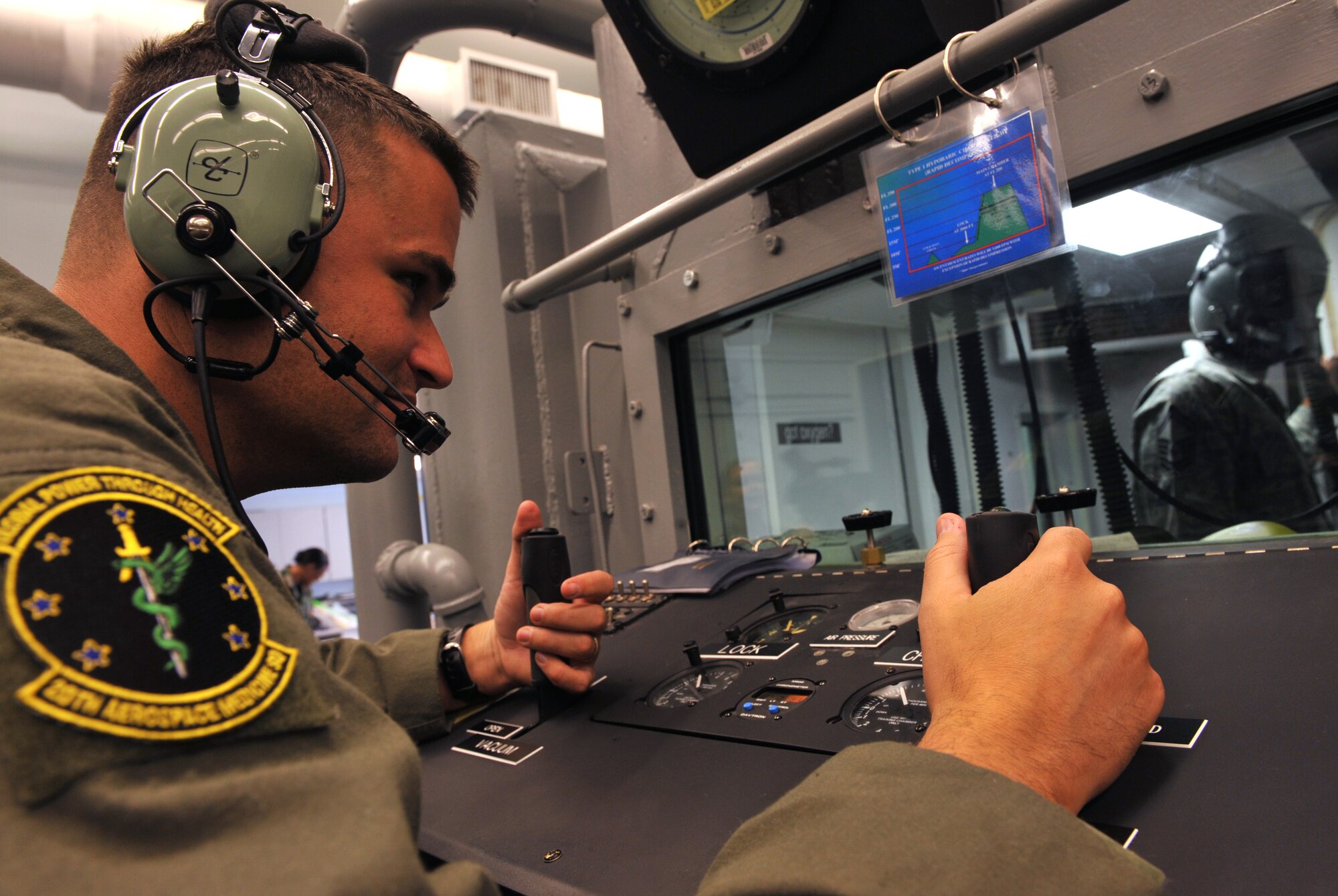 101102-F-4406D-049 SHAW AIR FORCE BASE, S.C.--    Staff Sgt. Adam Tyler, 20th Aerospace Medicine Squadron aerospace and operational physiologist technician, operates the lock chamber at the aerospace physiology building Nov. 2, 2010. The high altitude parachute class focuses on human performance at high altitudes and high stress levels. Students take this class before freefall school and as a refresher course every five years. (U.S. Air Force photo/ Airman 1st Class Tabatha L. Duarte(Released)