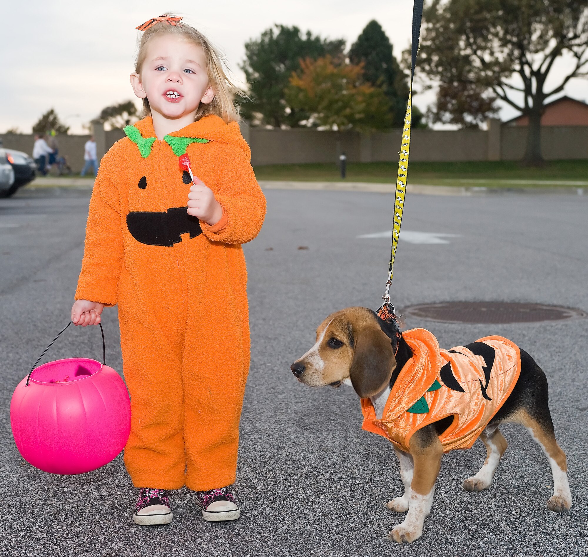 Ava Vanderhorst and dog Louie, get ready to Trunk-R-Treat Oct. 30, 2010, at the Youth Center, Dover Air Force Base, Del. Ava is the daughter of Staff Sgt. Christopher Vanderhorst, United States Air Force Honor Guard, Bolling Air Force Base, District of Columbia.  (U.S. Air Force photo by Roland Balik/Released)