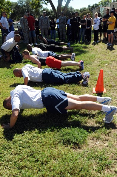 First Sergeants compete in the squadron command challenge during the 2nd Mission Support Group Olympics at Barksdale Air Force Base, La. Oct. 28. The 2 MSG consists of more than 2,600 members who host 11,500 military, civilian, reserve personnel, 18,000 retirees and 28,000 family members on a base of 22,000 acres. (U.S. Air Force photo/Senior Airman Brittany Y. Bateman)