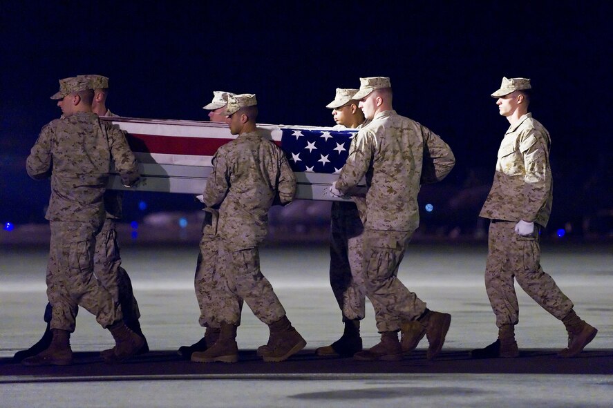 A U.S. Marine Corps team transfers the remains of Marine Corps Lance Cpl. Terry E. Honeycutt Jr., of Waldorf, Md., at Dover Air Force Base, Del., Nov. 1, 2010. Honeycutt was assigned to the 2nd Battalion, 9th Marine Regiment, 2nd Marine Division, II Marine Expeditionary Force, Camp Lejeune, N.C.  (U.S. Air Force photo/Roland Balik)