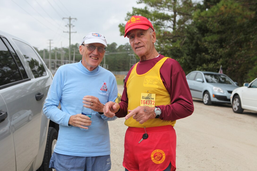 Retired Lt. Col. Jim Rider (left) and retired Sgt. Maj. Domenick Irrera, pose for a photo after running in the Marine Corps Community Services’ 5K Liberty Fun Run aboard Marine Corps Base Camp Lejeune, Nov. 4.  The run was held in honor of the Marine Corps birthday and Veterans Day, which are celebrated Nov. 10 and Nov. 11, respectively.