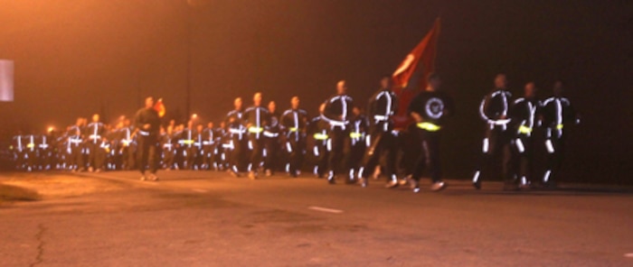 Marines and sailors with 2nd Marine Logistics Group participated in an MLG Fun Run aboard Camp Lejeune, N.C., Nov. 4, 2010.  The run was part of the Marine Corps’ 235th birthday celebration.  (U.S. photo by Lance Cpl. Katherine M. Solano)