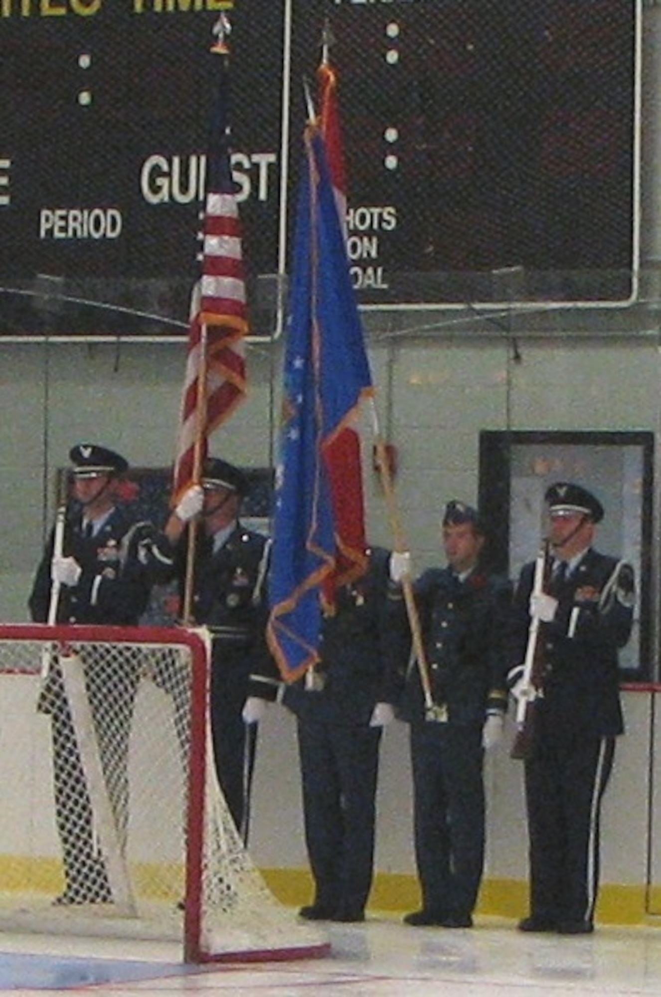 Eastern Air Defense Sector’s bi-national honor guard presented the American and Canadian colors Wednesday night at the Rome Frenzy’s home ice opener. From left to right, honor guard members are: Master Sergeant Thomas Whiteman, Master Sergeant Jeffrey LaMarche, Warrant Officer Duane Feltham, Canadian Forces; Lieutenant Jonathan Hillman, Canadian Forces; and Technical Sergeant James Mauthe. 