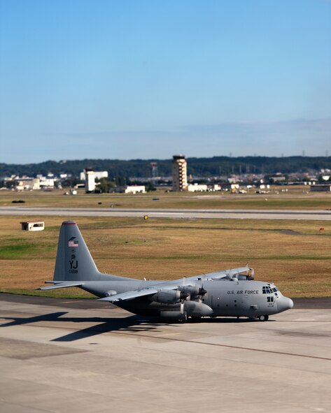 YOKOTA AIR BASE, Japan -- C-130 Hercules aircraft from the 36th Airlift Squadron taxi out for a mission during a seven-ship sortie. The squadron is the only forward-based tactical airlift squadron in the Pacific region. They provide C-130 aircrews to conduct theater airlift, special operations, aeromedical evacuation, search and rescue, repatriation and humanitarian relief missions. (U.S. Air Force photo/Osakabe Yasuo)