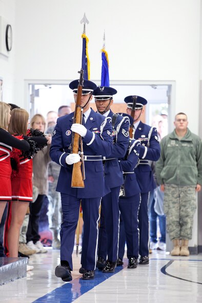 F. E. Warren honor guard members present the colors during the Red Ribbon Week assembly at Freedom Elementary School on Oct. 27. (U.S. Air Force photo by Jeff Allred)