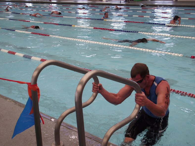 Blake Harden completes the 400-meter swim, the last leg of the Wounded Warrior
Triathlon.