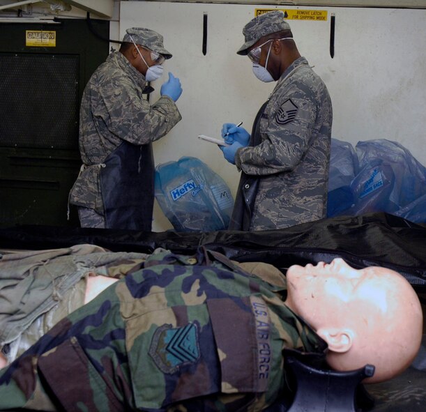 Airmen from the 94th Airlift Wing Services Squadron, Dobbins Air Reserve Base, Ga. gather at a mortuary collection point to process remains after completing the search and relief portion of the Services Readiness Competition that took place at Dobbins Nov. 2-4.  Five teams from around the Air Force Reserve Command gathered to participate in this challenge that comprised 11 events designed to promote skill enhancement and group cohesion amongst Air Force Services Agency personnel. (U.S. Air Force photo/Senior Airman Danielle Campbell)