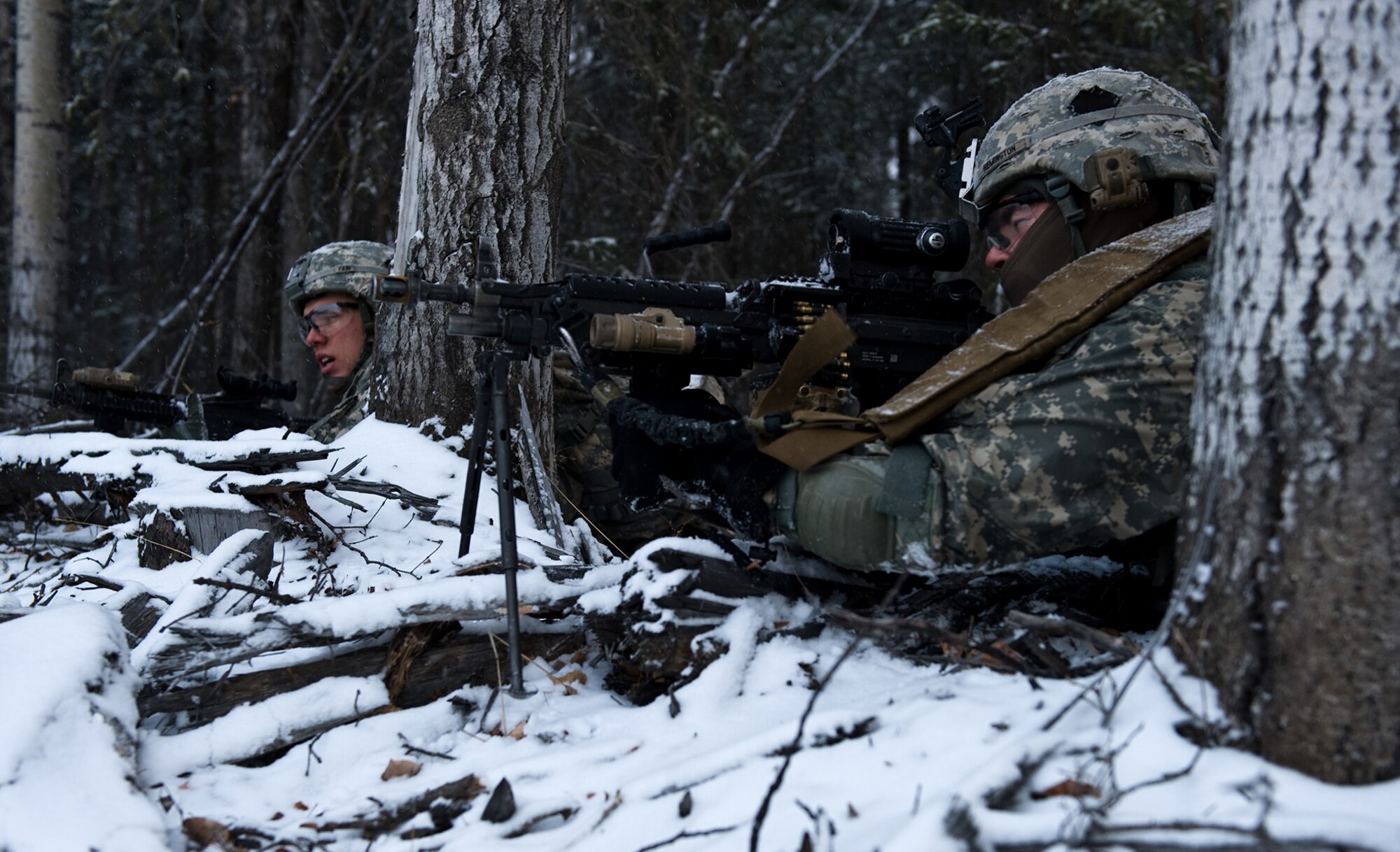 FORT GREELY, Alaska ? Soldiers of the 2nd Platoon, C Company, 1st Battalion, 501st Infantry Regiment (Airborne) get down and take cover while under ?enemy fire? during a training exercise Oct. 29. Soldiers from the 501st IR participated in field-training exercises, with the first elements arriving to Donnelly Training Area, Fort Greely, Alaska Oct. 14 and the last of the Soldiers scheduled to leave Nov. 10. (U.S. Air Force photo/Airman 1st Class Christopher Gross)