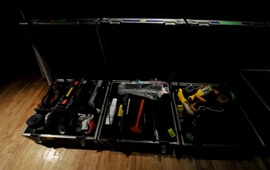 VALDOSTA, Ga. -- Three trunks of equipment sits in a corner during stage preparation for a Tops In Blue performance at the Valdosta Performing Arts Center Nov. 2. Under the guidance of five technical personnel, the performing team is responsible for setting up over 60,000 pounds of staging, lighting, audio, video and special effects equipment for each performance. (U.S. Air Force photo/Airman 1st Class Joshua Green)(RELEASED)
