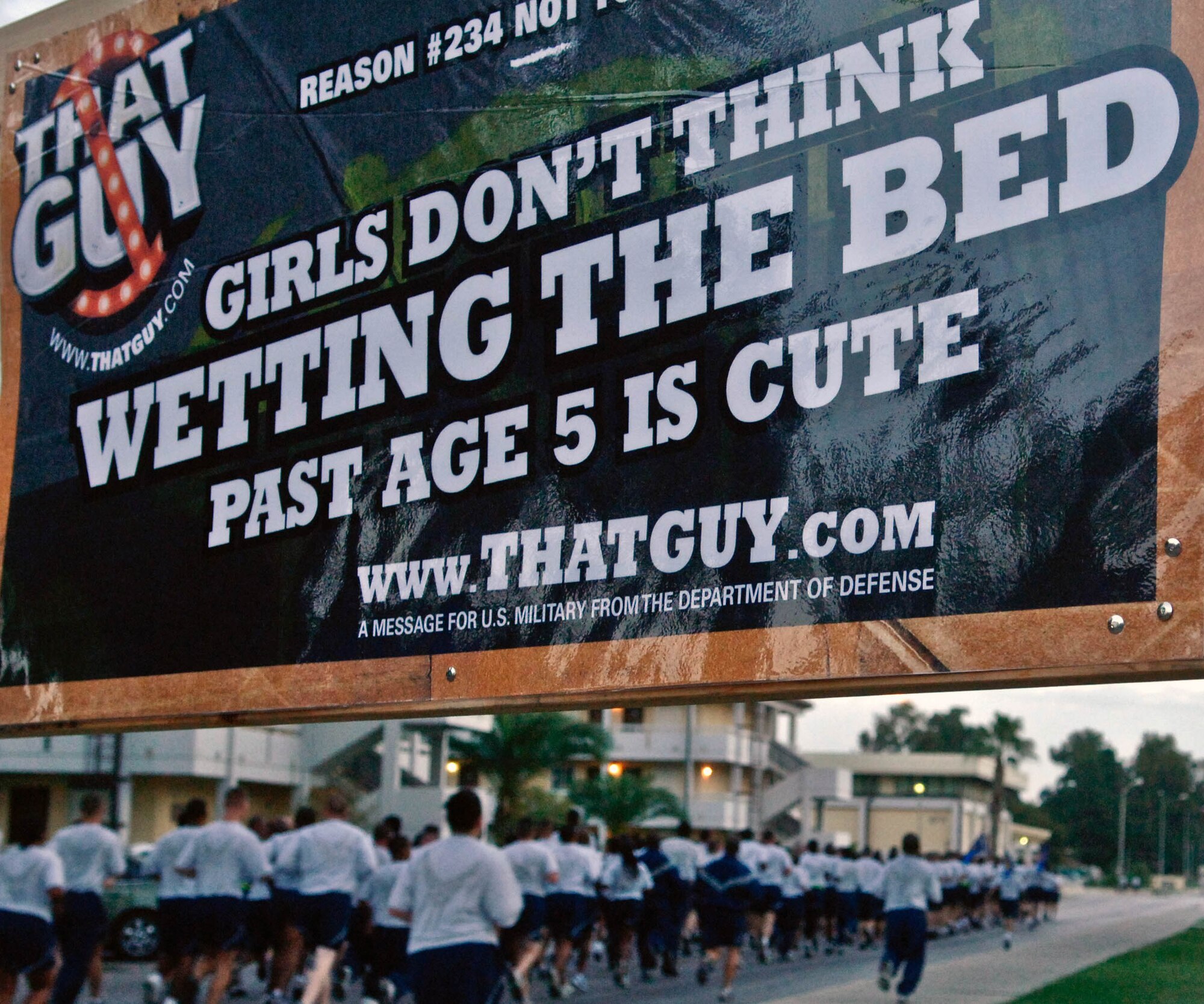 Incirlik Airmen participate in the monthly wing run to promote the That Guy campaign Oct. 29, 2010 at Incirlik Air Base, Turkey. That Guy campaign has two goals: to reduce alcohol abuse and to raise awareness of the negative short-term social consequences of excessive drinking to young servicemembers. (U.S. Air Force photo/Senior Airman Alexandre Montes