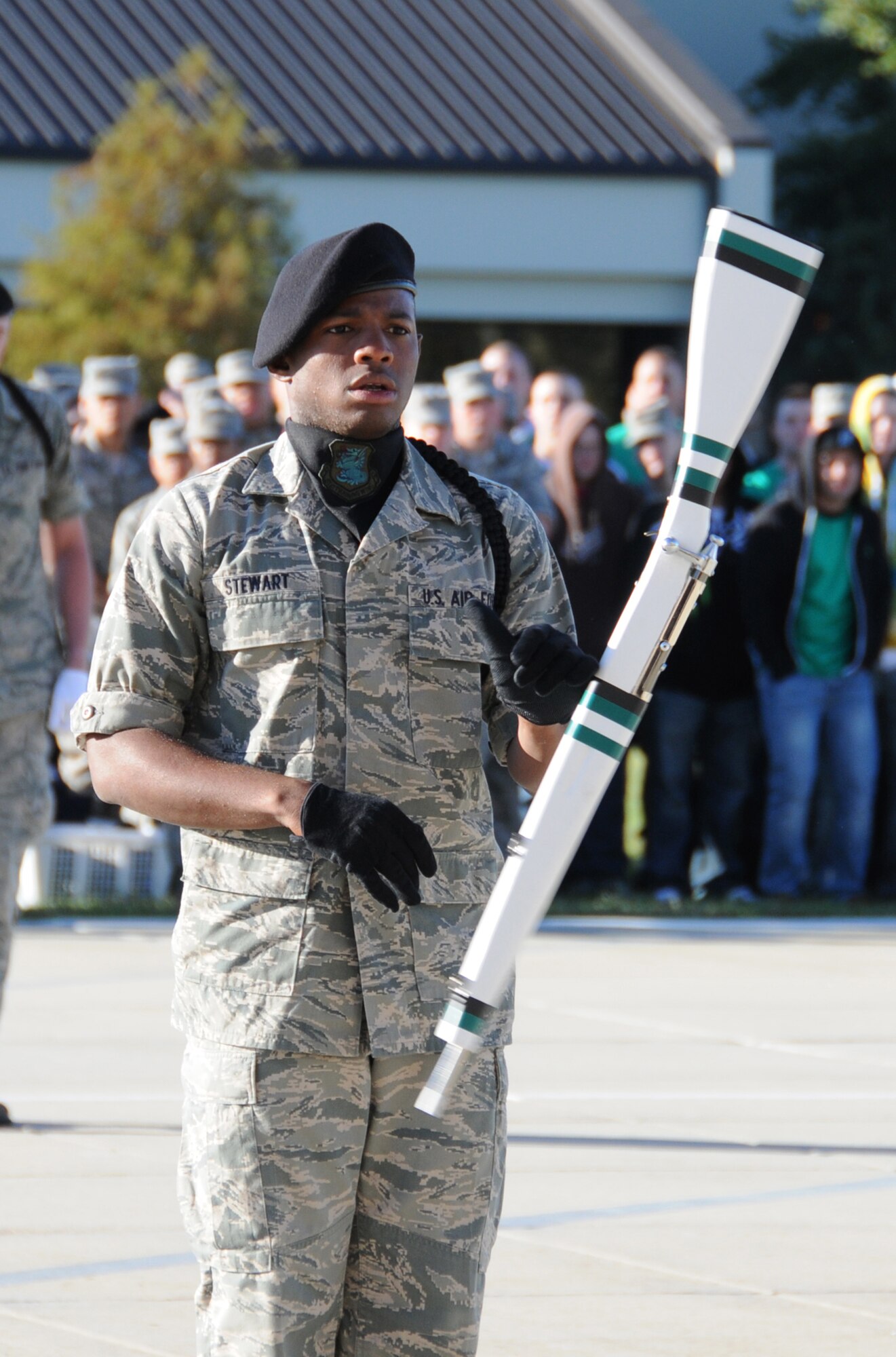 The Gators’ freestyle drill master, Airman 1st Class Cordney Stewart, performs at Friday’s competition.  (U.S. Air Force photo by Kemberly Groue)