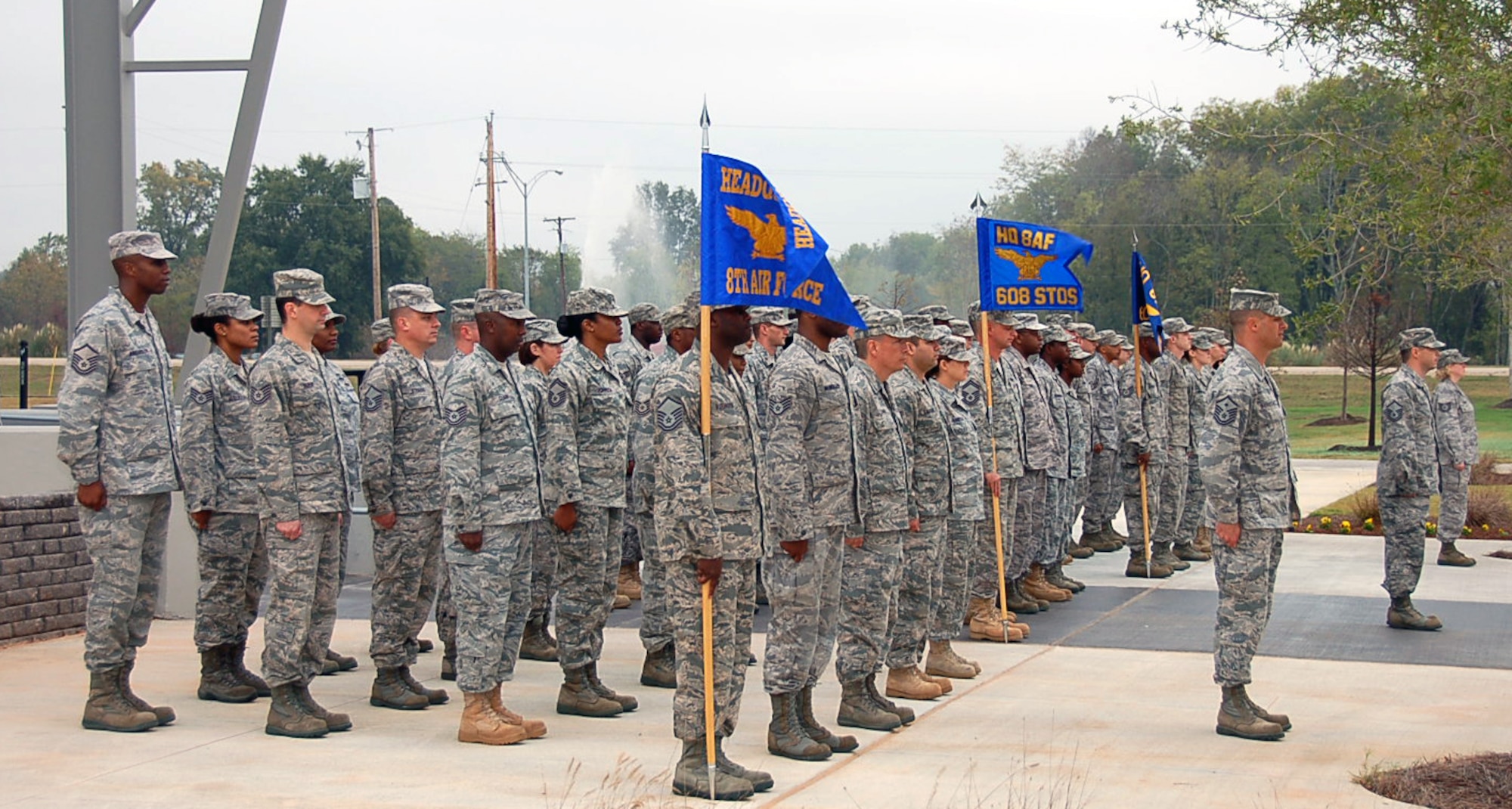 BOSSIER CITY, La. - Members of Headquarters Eighth Air Force stand in formation before the Headquarters Eighth Air Force retreat ceremony at the Cyber Innovation Center in Bossier City, La., Nov. 3, 2010, to commemorate the day in Eighth Air Force history. On Nov. 3, 1943, Eighth Air Force dispatched more than 500 B-17 Flying Fortresses and B-24 Liberators to Wilhelmshaven, a German port along the North Sea, with the primary mission of striking U-boat construction yards in the area. This was the first “500 bomber strike” conducted by Eighth Air Force and the mission showcased the growing air power of the “Mighty Eighth” and highlighted its innovation spirit in employing new technology in combat. (U.S. Air Force photo by Staff Sgt. Brian Stives)