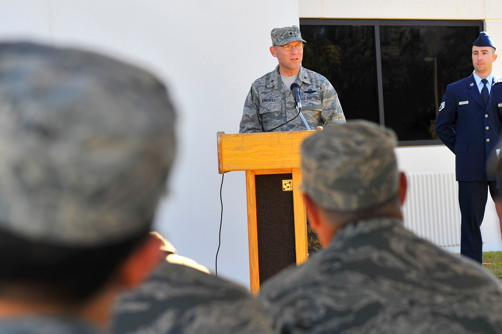 U.S. Air Force Brig. Gen. Michael Kingsley, 23rd Air Force commander, speaks during the new 11th Intelligence Squadron building ribbon cutting ceremony at Hurlburt Field Oct. 29, 2010. (DoD photo by U.S. Air Force Senior Airman Sheila deVera/RELEASED)