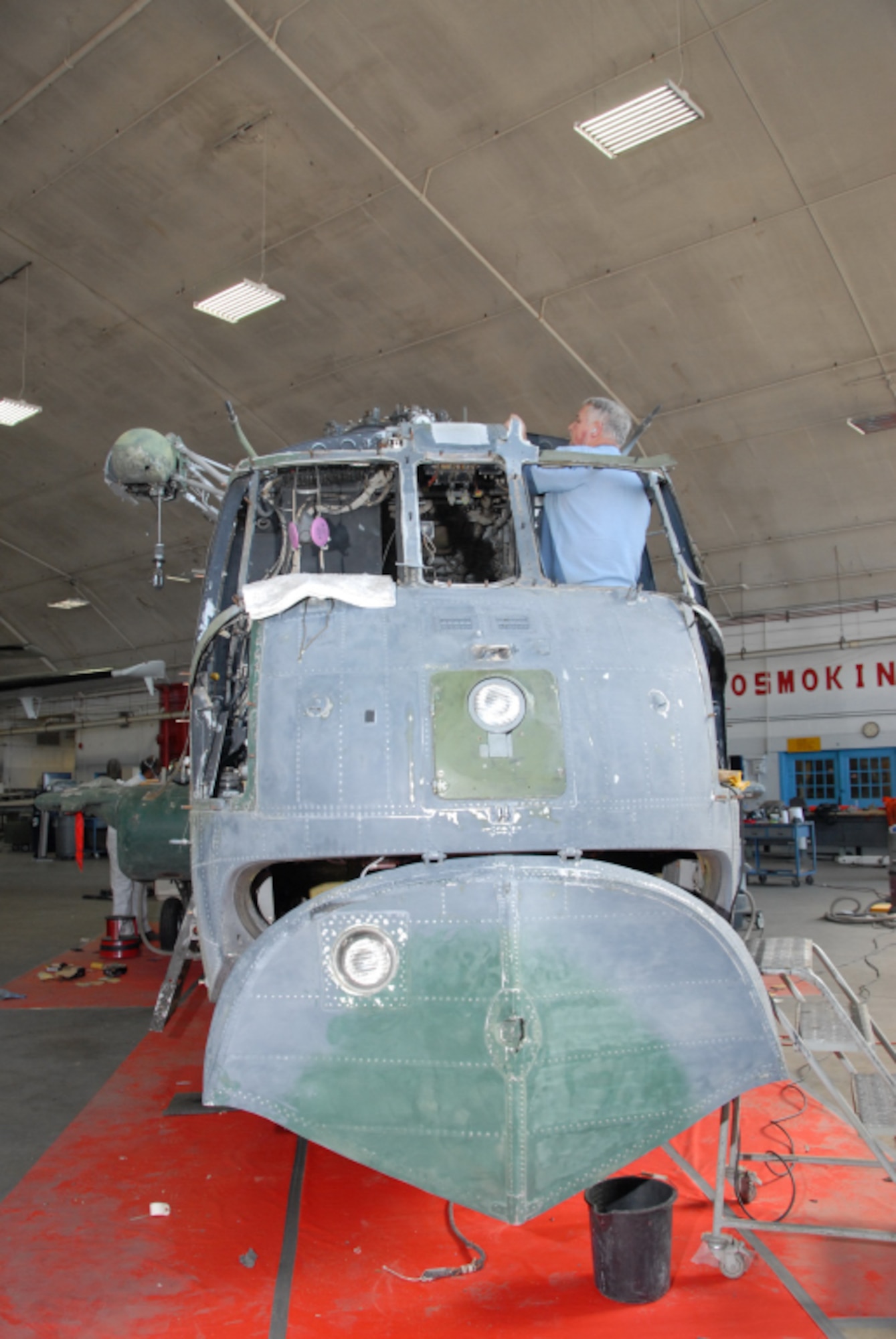 DAYTON, Ohio - Historic HH-3 "Jolly Green" undergoing restoration work at the National Museum of the U.S. Air Force. (U.S. Air Force Photo)
