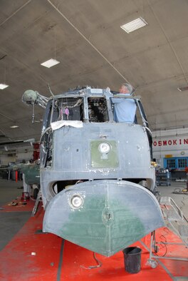 DAYTON, Ohio - Historic HH-3 "Jolly Green" undergoing restoration work at the National Museum of the U.S. Air Force. (U.S. Air Force Photo)