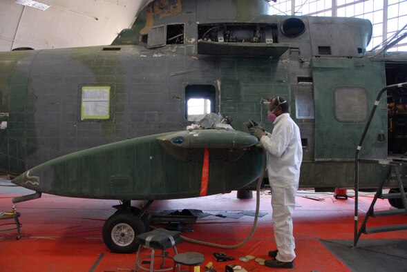 DAYTON, Ohio - Historic HH-3 "Jolly Green" undergoing restoration work at the National Museum of the U.S. Air Force. (U.S. Air Force Photo)