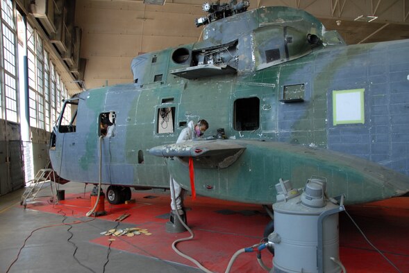 DAYTON, Ohio - Historic HH-3 "Jolly Green" undergoing restoration work at the National Museum of the U.S. Air Force. (U.S. Air Force Photo)