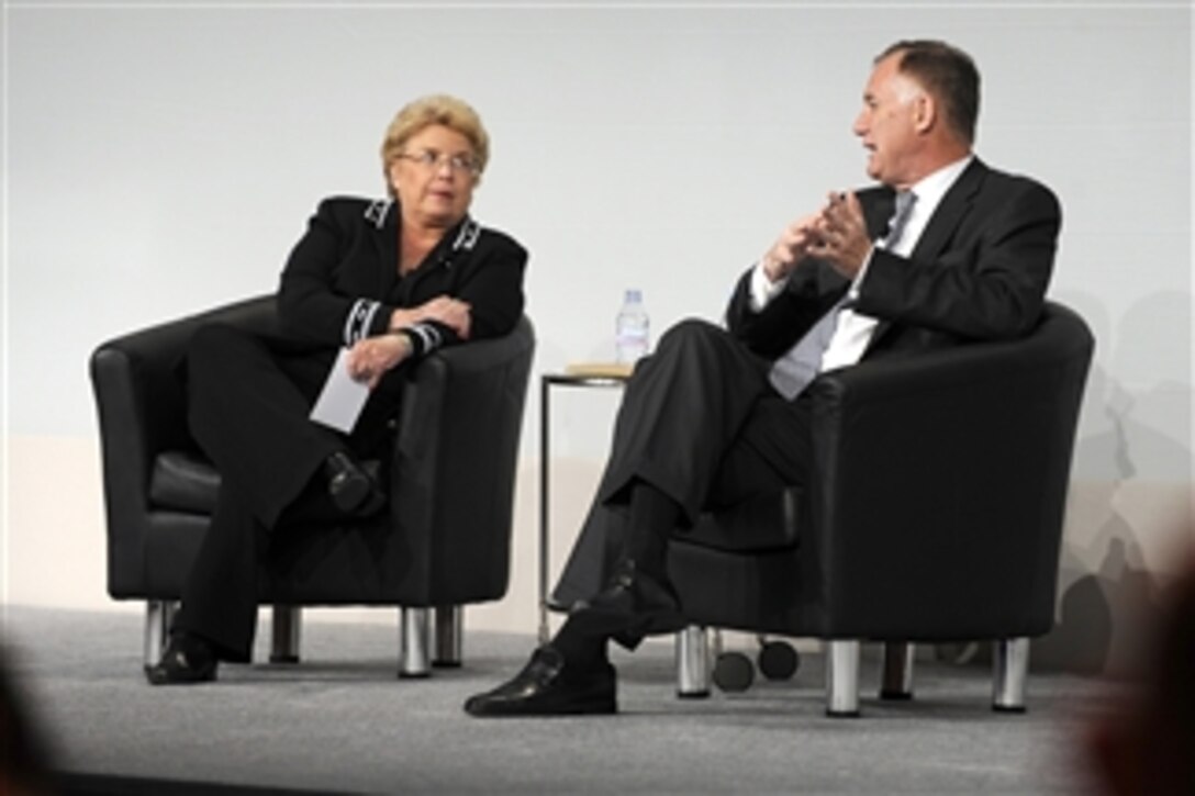 Deputy Secretary of Defense William J. Lynn III answers questions from audience members while seated onstage with President & CEO of BAE Systems Inc. Linda Hudson during the 2010 BAE Systems Leadership conference at the Mandarin Oriental hotel in Washington, D.C., on Nov. 2, 2010.  