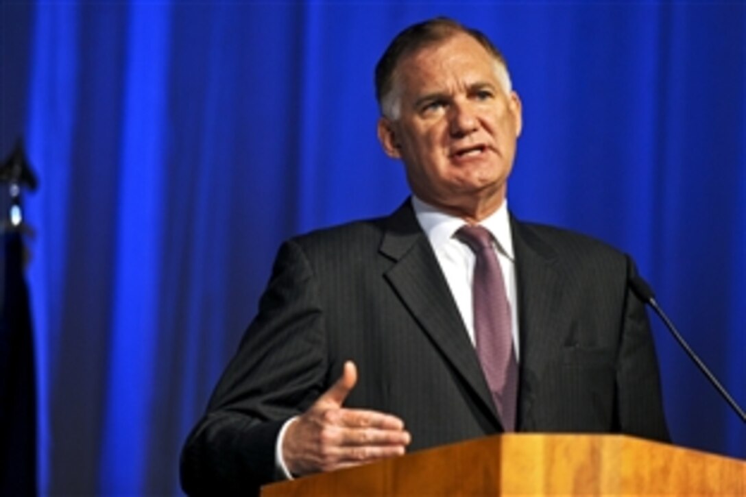 Deputy Defense Secretary William J. Lynn III addresses the audience during the U.S. Strategic Command Space Symposium in Omaha, Neb., Nov. 3, 2010.