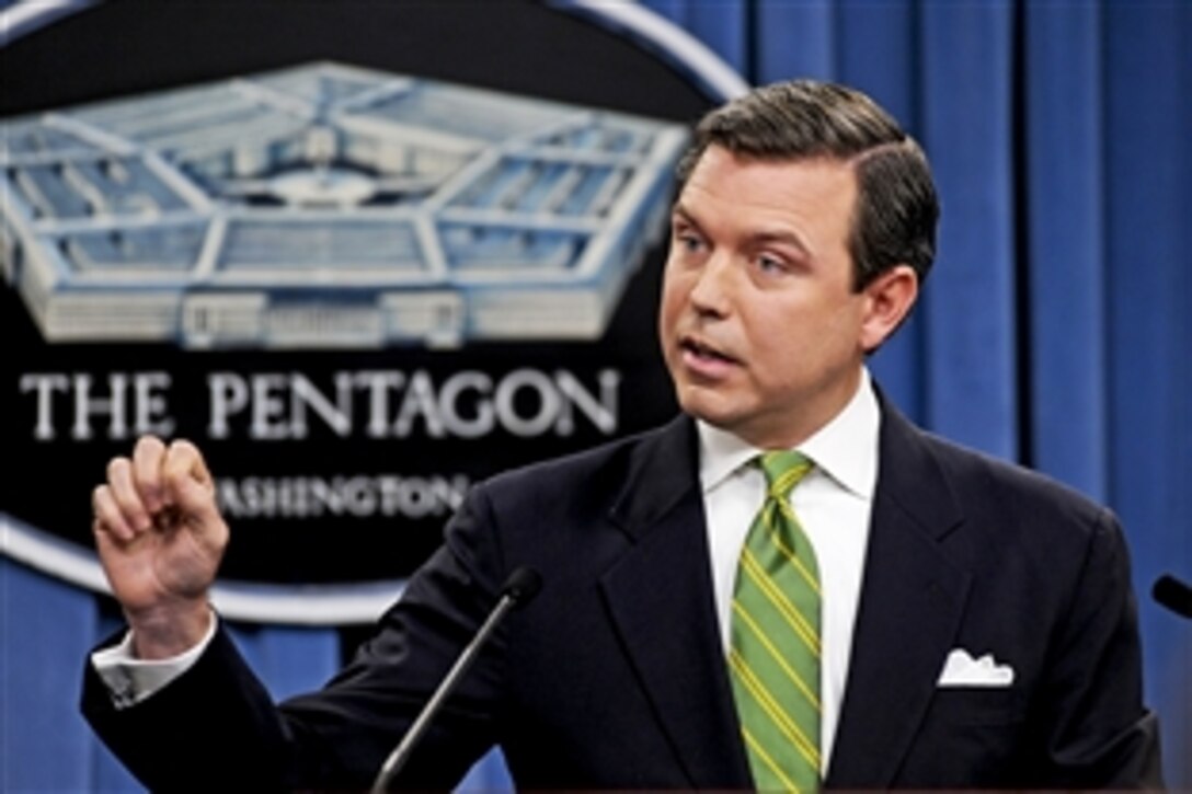 Pentagon Press Secretary Geoff Morrell responds to a question during a press briefing at the Pentagon, Nov. 4, 2010.