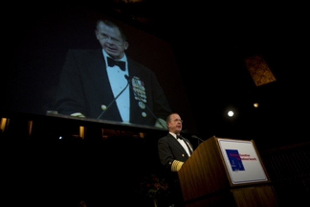 Chairman of the Joint Chiefs of Staff Adm. Mike Mullen addresses audience members at the 2010 Business Executive for National Security Eisenhower Award Dinner in New York City on Nov. 1, 2010. Business Executive for National Security is a nationwide non-partisan organization that is the primary channel through which senior business executives can help enhance the nation's security.  