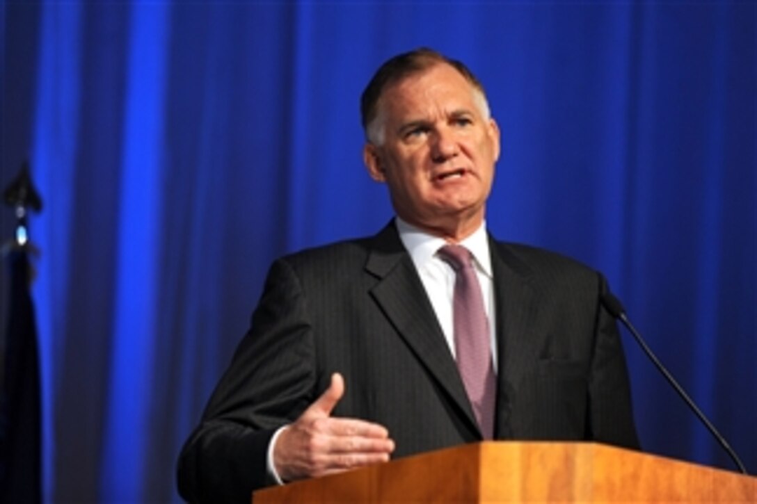 Deputy Secretary of Defense William J. Lynn III addresses the audience during the U.S. Strategic Command Space Symposium in Omaha, Neb., on Nov. 3, 2010.  