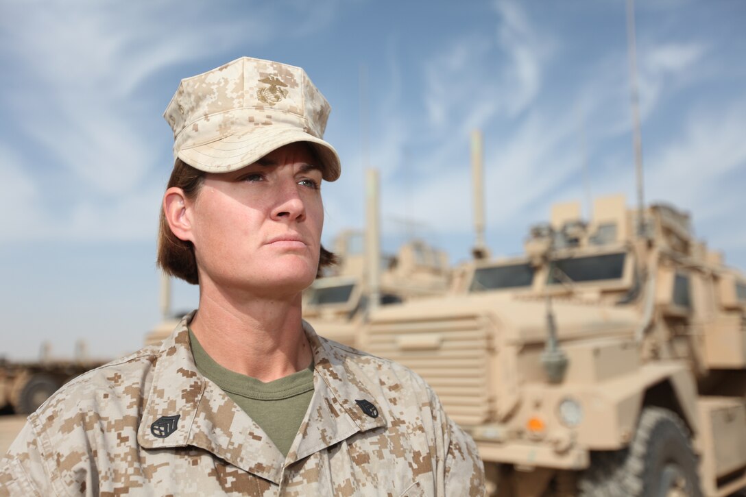 Staff Sgt. Jaclyn S. Potter, platoon commander for 3rd Platoon, General Support Transportation Company, Combat Logistics Regiment 15 (Forward), 1st Marine Logistics Group (Forward), holds a unique billet as platoon commander for a motor transport platoon. It is rare for an enlisted Marine to be selected for this billet as it is usually reserved for officers. Potter, 32, from Miami, was chosen to serve as platoon commander based on her outstanding leadership abilities.