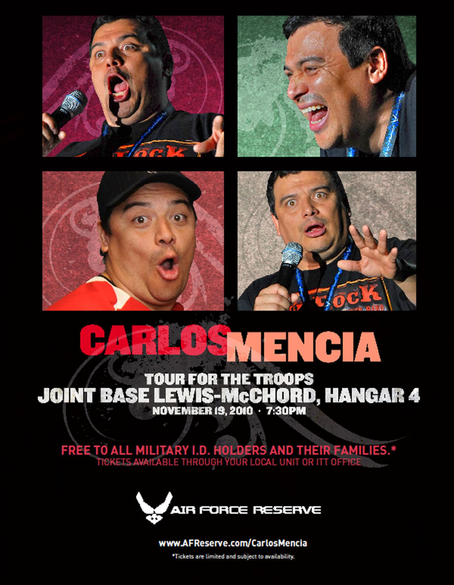 Carlos Mencina will perform at Joint Base Lewis-McChord's McChord Field Nov. 19, 7:30 p.m.  Tickets are free to all DOD cardholders and their families (parental discretion is advised).
