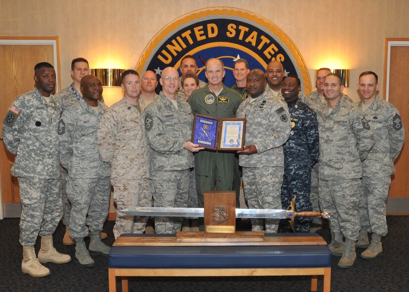 Gen. Kevin P. Chilton, U.S. Strategic Command commander, is notified of his inductment into the USSTRATCOM Strategic Order of the Sword and Shield Nov 4, 2010. (Photo by Steve Cunningham)