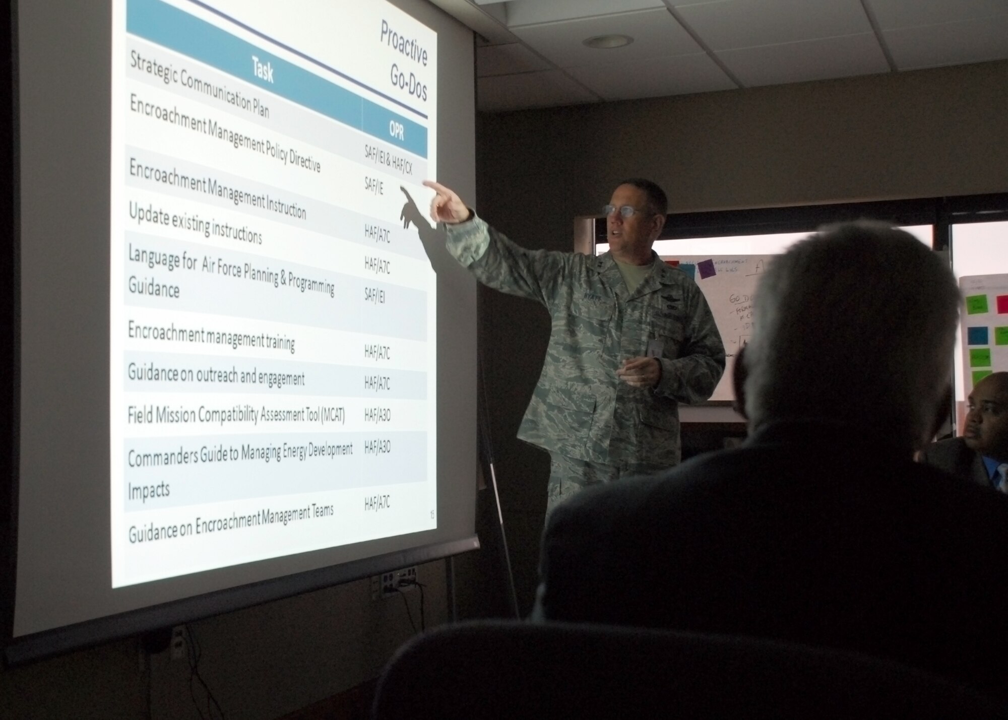 Maj. Gen. James Hyatt, deputy chief of staff for operations, plans and requirements, briefs Air Force senior leaders on the results of the encroachment management rapid improvement event on Nov. 4 in Arlington, VA. Various subject-matter experts from across the Air Force met Nov. 1 through 4 to find ways to improve the process of coordinating the Air Force’s renewable energy projects. (U.S. Air Force photo/Master Sgt. Raheem Moore)