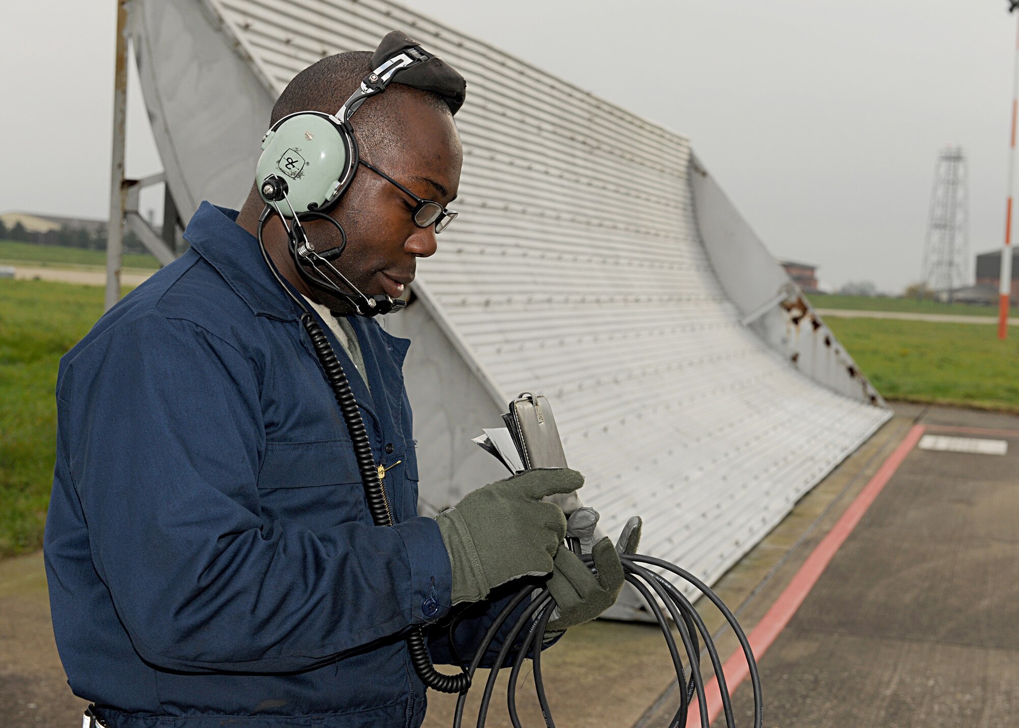 RAF MILDENHALL, England -- Senior Airman Nicholas Heyward, 100th Aircraft Maintenance Squadron crew chief, references a checklist during a flight control checkout on a KC-135 Strotanker here Nov. 1, 2010.  These inspections ensure the aircraft is working properly before flight.  (U.S. Air Force photo/Senior Airman Tabitha M. Lee)  