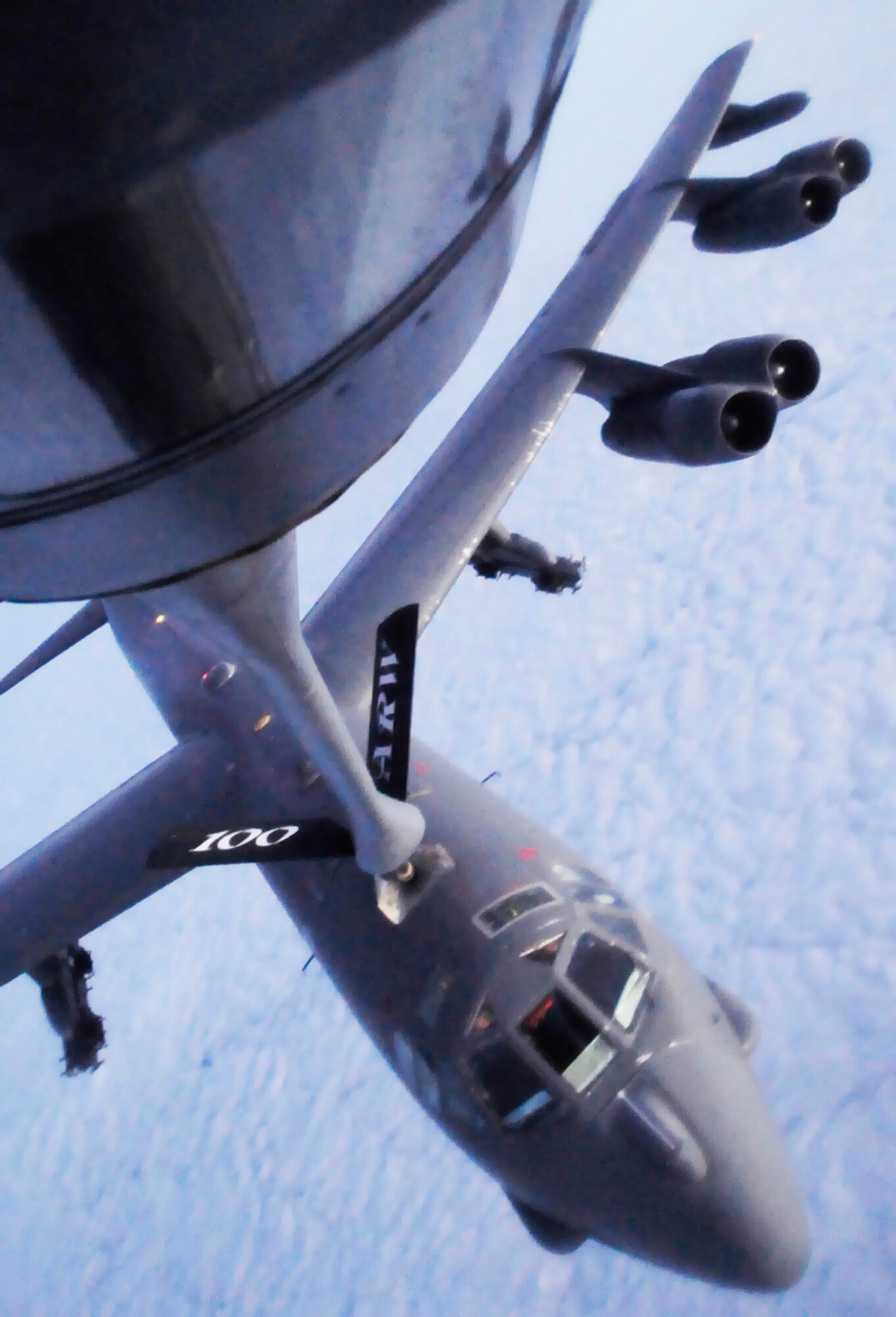 A B-52 Stratofortress from Barksdale Air Force Base, La, takes gas from a 100th Air Refueling Wing KC-135 Stratotanker Nov. 1, 2010 over the Atlantic. This KC-135 was just one of a three-ship mission that refueled the B-52 in support of the Falcon Air Meet exercise. (U.S. Air Force photo/Senior Airman Ethan Morgan)