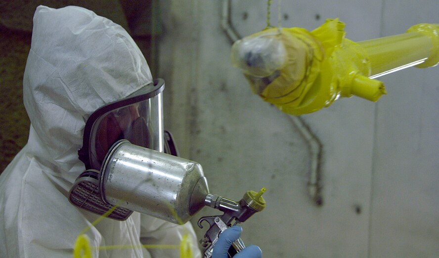 Senior Airman Scott Trombley, aircraft structural maintainer, primers an actuator Aug 6, 2010.  Preparing the primer is very important as the Airmen have to make sure the primer is mixed properly and that the parts are smoothed out.Aircraft structural maintainers maintain the structural integrity of aircraft by assembling and reparing structural parts and components.  (U.S. Air Force photo/ Airman 1st Class Natasha E. Stannard)