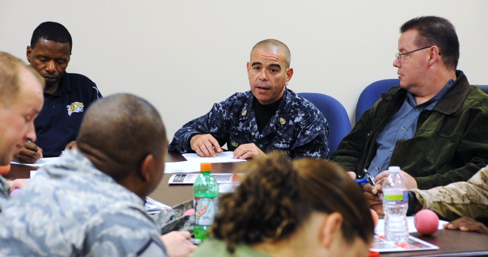 Senior enlisted leaders from Joint Base McGuire-Dix-Lakehurst discuss issues with a subject matter expert at the Timmermann Center Oct. 29 during the Military Family Action Plan conference. There were seven groups total participating in the conference with each presenting an issue to Joint Base Commander Col. Gina M. Grosso for resolution. (U.S. Air Force photo/Airman 1st Class Dennis Sloan)