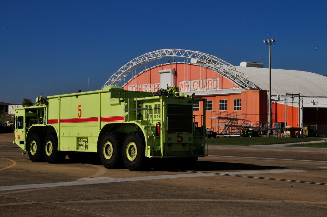 A P-15 Airport Rescue Firefighting Truck (ARFF) sits in waiting to be loaded onto a C-5 Galaxy from New York Air National Guard as it is prepared to bid farewell to the 134th ARW, McGhee Tyson Air National Guard Base, Tennessee.  The truck has been in commission at MTAB since 1991 and is believed to be one of the last manufactured of its kind.  It will go to its new home at the 101st ARW in Bangor, Maine.  (US Air Force photo by Tech. Sgt. Kendra Owenby, 134 ARW Public Affairs/Released by Capt. Gary Taft, 134 ARW PAO)