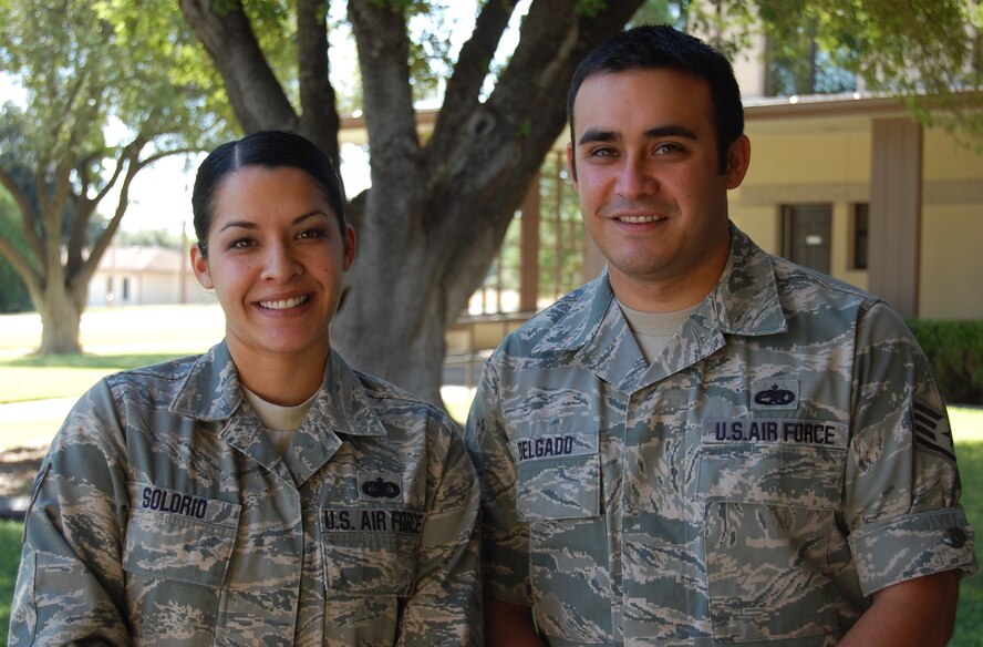 LAUGHLIN AIR FORCE BASE, Texas -- Staff Sgt. David Delgado, 47th Contracting Squadron, and Staff Sgt. Naomi Solorio, 47th Flying Training Wing Chapel, who are siblings, were both born at Laughlin when their father was stationed here and today both serve here. (U.S. Air Force photo by 2nd Lt. Travis Antoniono)