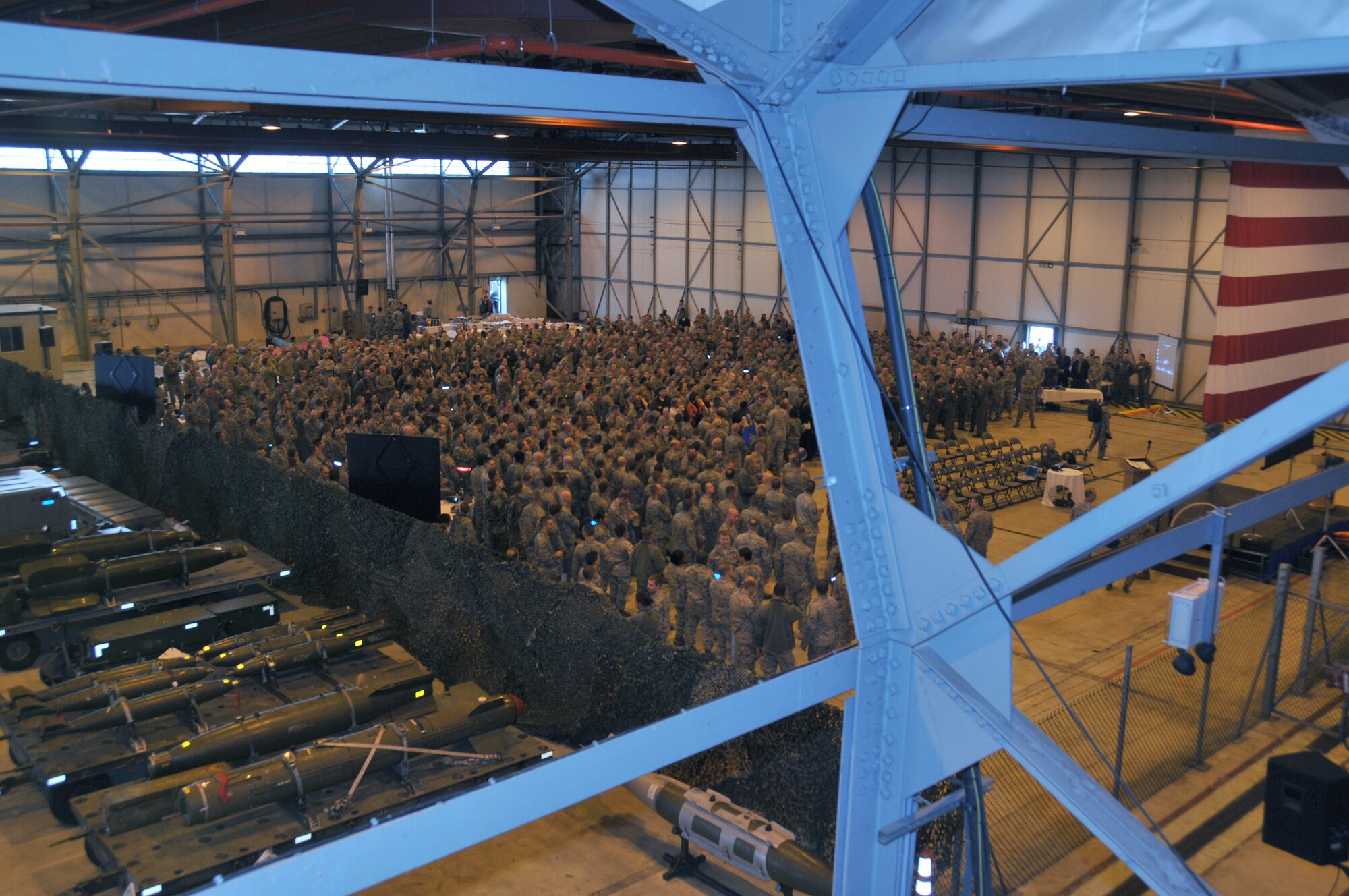 ROYAL AIR FORCE LAKENHEATH, England – The 48th Fighter Wing gathered to learn the results of the Operational Readiness Inspection in Hangar 6 Nov. 5.  The wing garnered an outstanding rating, which hasn’t happened in 24 years in all of U.S. Air Forces in Europe.  (U.S. Air Force photo/Staff Sgt. Connor Estes)