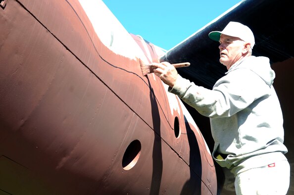 Gene Smith paints a primer coat on a B-52D at the Eighth Air Force Museum, Barksdale Air Force Base, La., Nov. 4. The B-52D is going through restoration including a paint and sheet metal replacement. The historic B-52D at Barksdale completed more than 400 missions in the Vietnam War and was flown during Operation Linebacker II. (U.S. Air Force photo/Staff Sgt. John Gordinier)