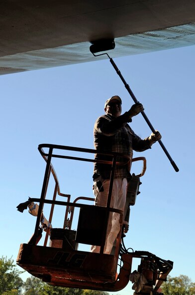Ben Williford paints a primer coat on a B-52D at the Eighth Air Force Museum, Barksdale Air Force Base, La., Nov. 4. The B-52D is going through restoration including a paint and sheet metal replacement. The historic B-52D at Barksdale completed more than 400 missions in the Vietnam War and was flown during Operation Linebacker II. (U.S. Air Force photo/Staff Sgt. John Gordinier)